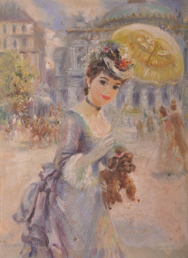 John Strevens (1902-1990) British. “Girl in Blue: John Strevens (1902-1990) British. “Girl in Blue Dress”, in a Parisian Street Scene, Oil on Canvas, 16” x 12”. Provenance; Mansfield Studio.