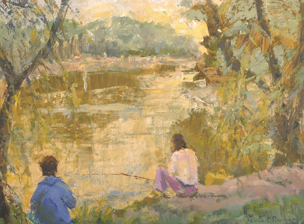 Kenneth Parker (20th Century) British. ‘Fishing at: Kenneth Parker (20th Century) British. ‘Fishing at Dartford Lakes’, Oil on Board, Signed, 12” x 16”. Provenance; The Mall Galleries, Exhibition ‘United Artists 1981’.