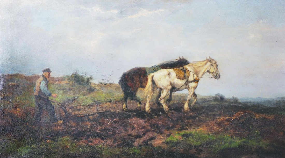 Johan Frederik Cornelius Scherrewitz (1868-1951) Dutch.: Johan Frederik Cornelius Scherrewitz (1868-1951) Dutch. ‘The Plough Team’, Oil on Canvas, Signed, 16” x 28”.