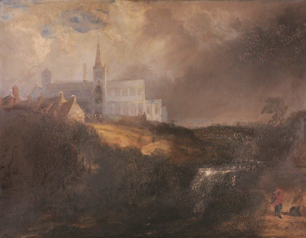 Circle of Joseph Mallord William Turner (1775-1851): Circle of Joseph Mallord William Turner (1775-1851) British. A River Landscape, with a Church in the distance, Oil on Canvas, Unframed, 28” x 36”.