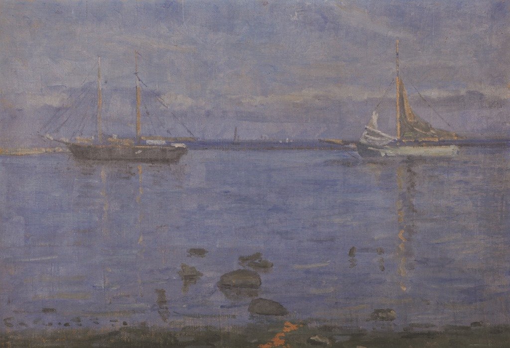 Circle of Henry Scott Tuke (1858-1929) British. A River: Circle of Henry Scott Tuke (1858-1929) British. A River Scene, with moored boats, Oil on Canvas, 16” x 23”.