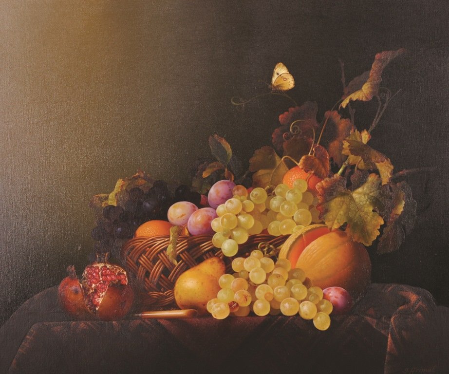 Jean Grimal (1942-1998) French. Still Life with Fruit: Jean Grimal (1942-1998) French. Still Life with Fruit in a Woven Basket with a Butterfly, Oil on Canvas, Signed, 18” x 22”. Provenance; E. Stacy-Marks Ltd, 1989.