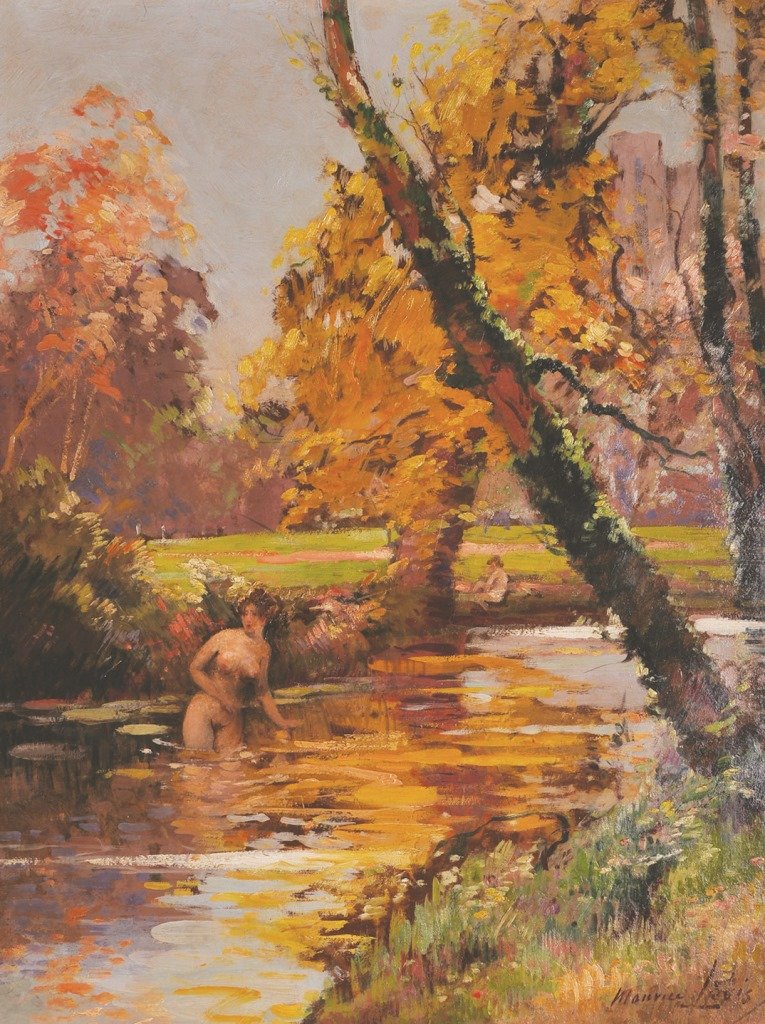 Maurice Levis (1860-1940) French. Naked Girls Swimming: Maurice Levis (1860-1940) French. Naked Girls Swimming in a River, Oil on Board, Signed, 25.5” x 19.75”.