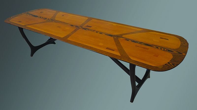 EVEREST, HEALS. A 1960’S “LONG TOM” MARQUETRY COFFEE: EVEREST, HEALS. A 1960’S “LONG TOM” MARQUETRY COFFEE TABLE. 5ft 0ins long x 1ft 6ins wide x 1ft 2ins high. £150-200.