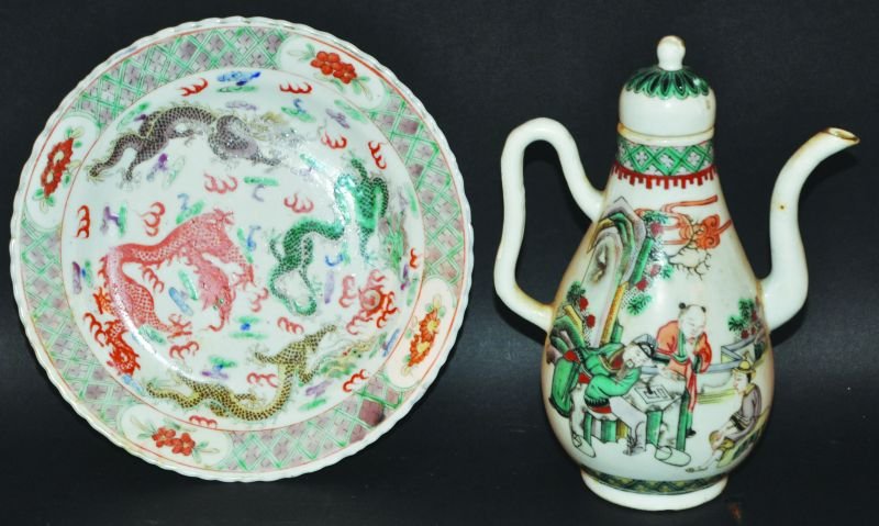 A 19TH CENTURY CHINESE FAMILLE VERTE PORCELAIN EWER,: A 19TH CENTURY CHINESE FAMILLE VERTE PORCELAIN EWER, the pear form body painted with scenes of figures playing board games, 7.25in high overall; together with a 19th Century Famille Verte dragon dish,