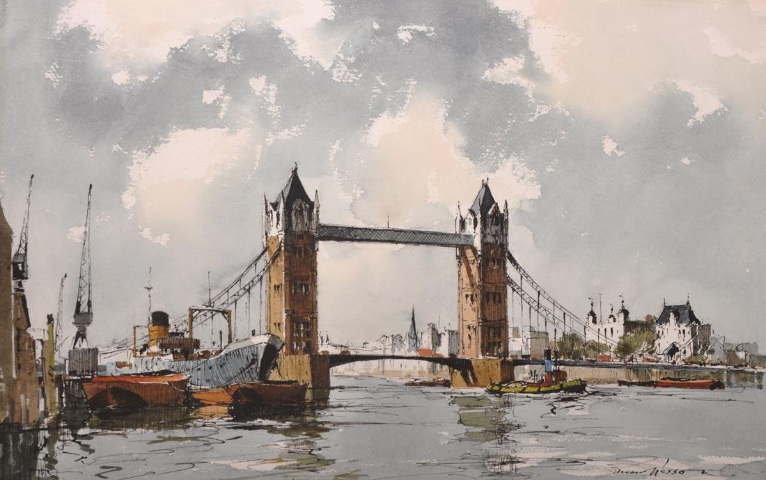 Edward Wesson (1910-1983) British. ‘Tower Bridge’,: Edward Wesson (1910-1983) British. ‘Tower Bridge’, Watercolour, Signed, 12.75” x 19.75”. £500-£800.