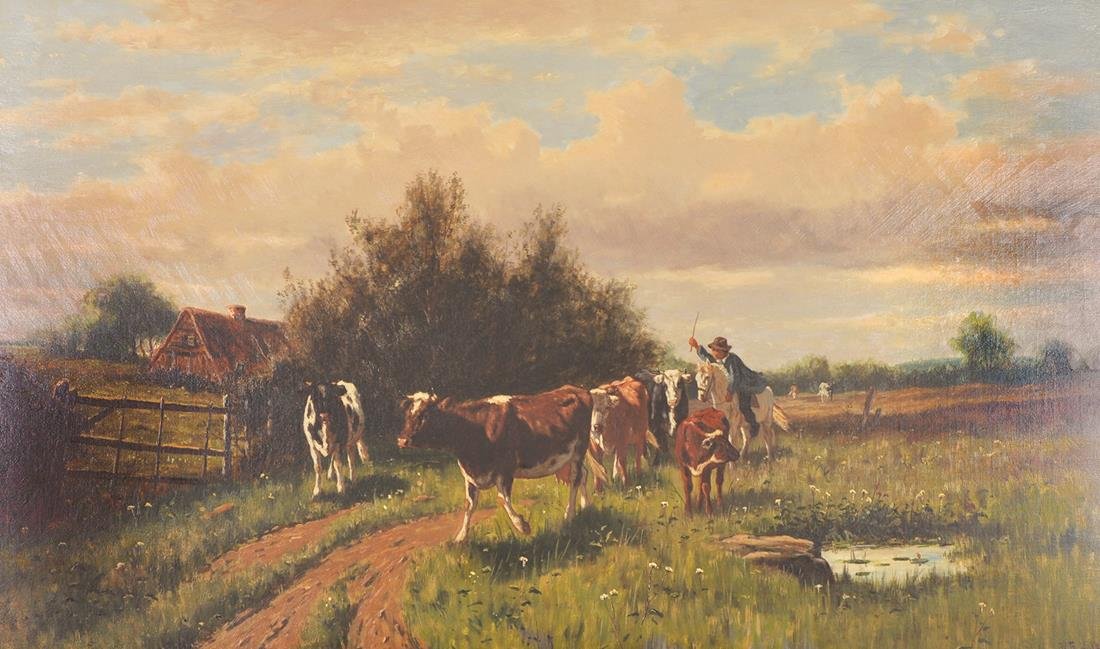 William Frederick Hulk (1852-c.1906) British. Drover: William Frederick Hulk (1852-c.1906) British. Drover and Cattle in a Landscape, Oil on Canvas, Signed, 30” x 50”. £1500-£2000.