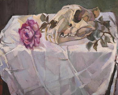 Edward Middleditch (1923-1987) British. ‘Rose & Skull’,: Edward Middleditch (1923-1987) British. ‘Rose & Skull’, Oil on Board, Inscribed on the reverse, 16.5” x 20”. £200-£300.