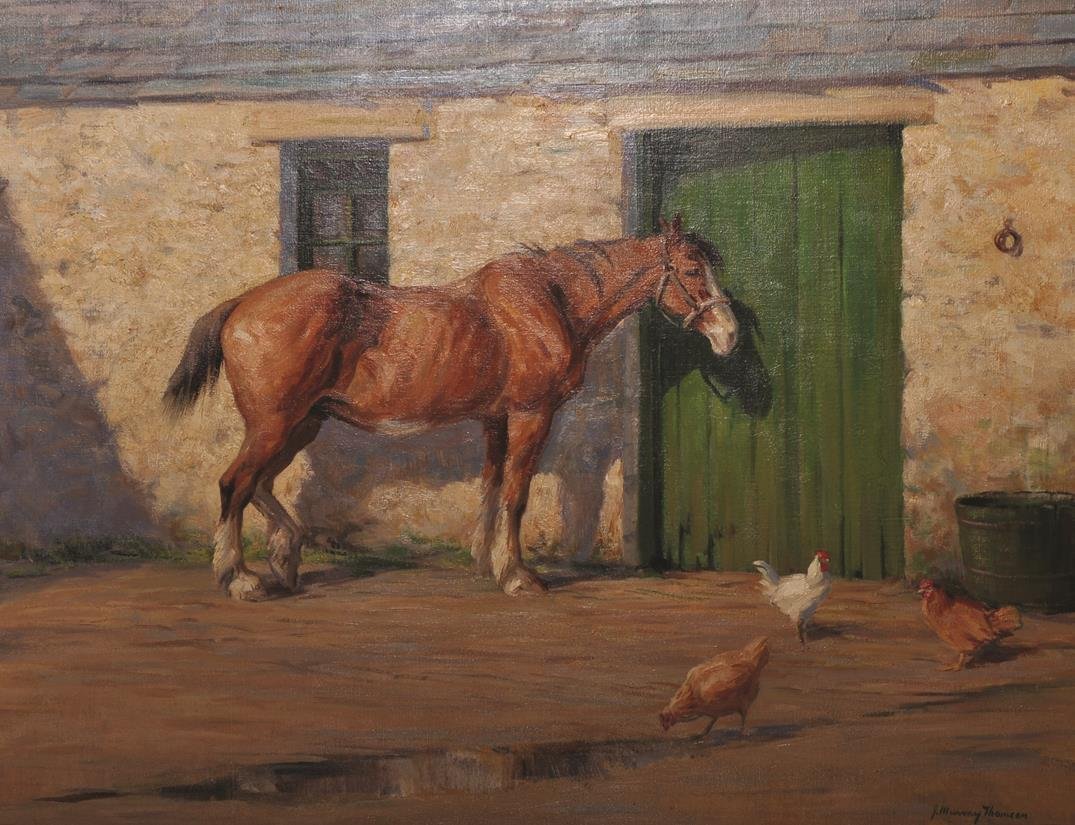 Joseph Murray Thomson (1885-1974) British. A Horse by a: Joseph Murray Thomson (1885-1974) British. A Horse by a Stable Door, with Chickens, Oil on Canvas, Signed, 28” x 36”. £1000-£1500.