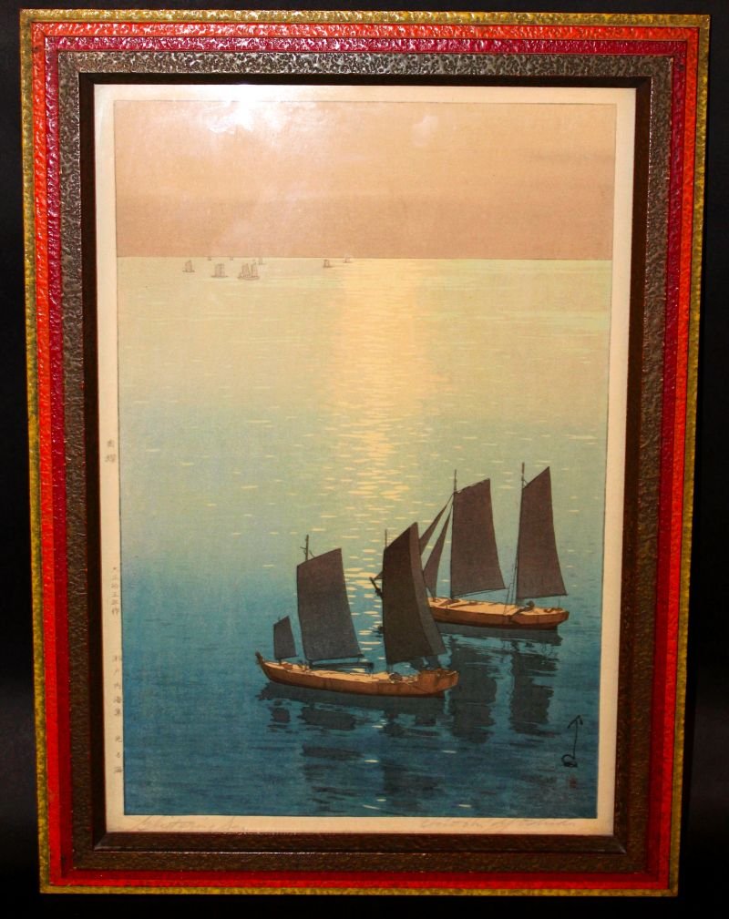 A GOOD ORIGINAL FRAMED JAPANESE WOODBLOCK PRINT BY: A GOOD ORIGINAL FRAMED JAPANESE WOODBLOCK PRINT BY HIROSHI YOSHIDA, oban size, entitled ‘Glittering Sea’ from the Inland Sea series, circa 1926, the frame 18.2in x 13.3in. £300-500 ______________