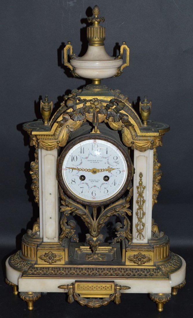A GOOD 19TH CENTURY FRENCH OPAQUE AND WHITE MARBLE: A GOOD 19TH CENTURY FRENCH OPAQUE AND WHITE MARBLE MANTLE CLOCK by BOYER FRES. PARIS, Medailles d’Or 1878-1889, with eight day movement, No. 10830, J. E. DUPONT, PARIS, in a case with urn finial, ac