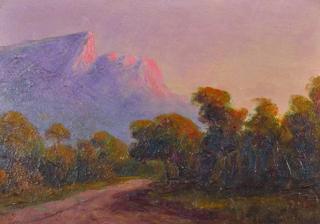 Edward Clark Churchill Mace (1863-1928) British.: Edward Clark Churchill Mace (1863-1928) British. “Evening”, Buttress of Table Mountain, from Kloof Road, Cape Town, Oil on Board, Signed, 6” x 8.5”. £200-£300.