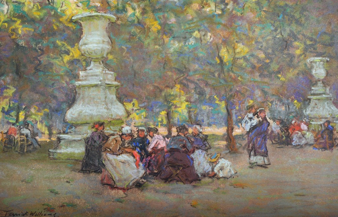 Terrick John Williams (1860-1936) British. ‘Work and: Terrick John Williams (1860-1936) British. ‘Work and Play, Tuileries Gardens’, Pastel, Signed, 10.25” x 15.75”. Provenance; remains of Exhibition Label verso. £1000-£2000 .