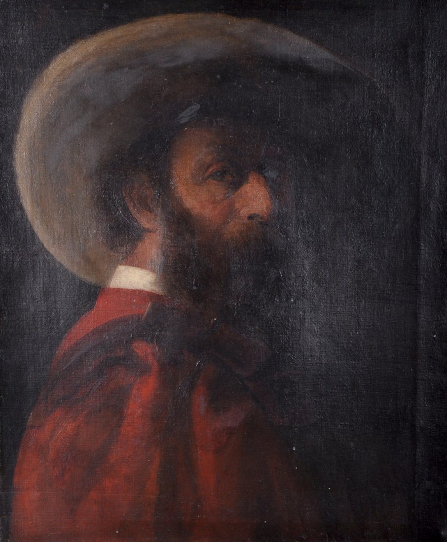 Hans v.Straschiripka Canon (1829-1885) Austrian. ‘Self: Hans v.Straschiripka Canon (1829-1885) Austrian. ‘Self Portrait’, At bust length to right in Scarlet Mantle, a large buff hat surmounting the bearded head, Oil on Canvas, with Title label verso, S