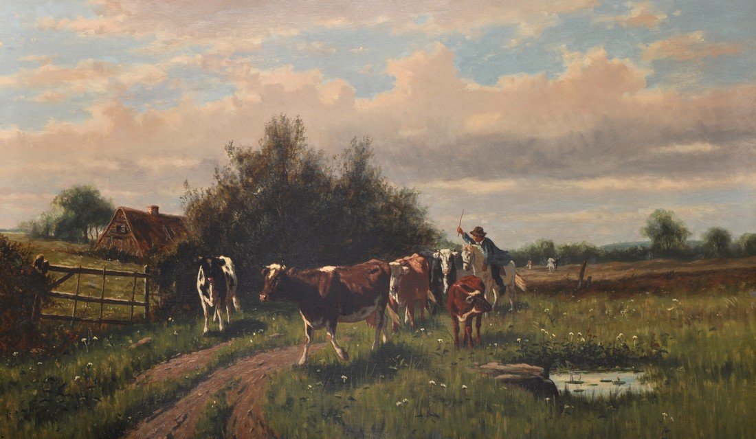 William Frederick Hulk (1852-c.1906) British. Drover: William Frederick Hulk (1852-c.1906) British. Drover and Cattle in a Landscape, Oil on Canvas, Signed, 30” x 50”. £1000-£1500.