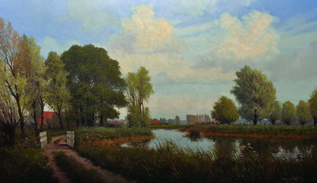 William Jacobus Alberts (1912-1990) Dutch. ‘River Scene: William Jacobus Alberts (1912-1990) Dutch. ‘River Scene with White Bridge and Farm Buildings’, Oil on Canvas, Signed, 24” x 39.5”. Provenance; E Stacy-Marks Ltd. £300-£500.