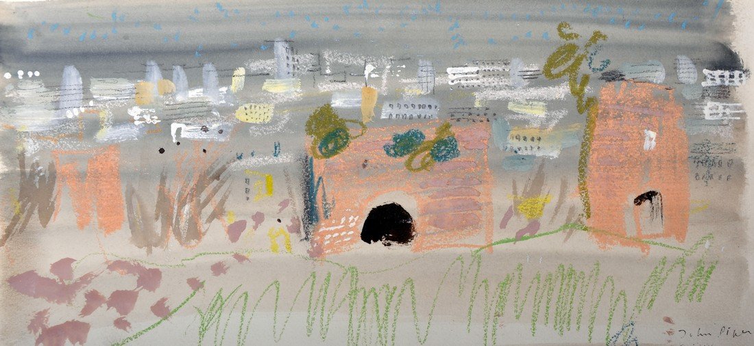 John Piper (1903-1992) British. “Appian Way 1” A: John Piper (1903-1992) British. “Appian Way 1” A Cityscape, Mixed Media, Signed, Inscribed on verso with Title and Dated c.1903, 6.5” x 13.5”. £700-£900.