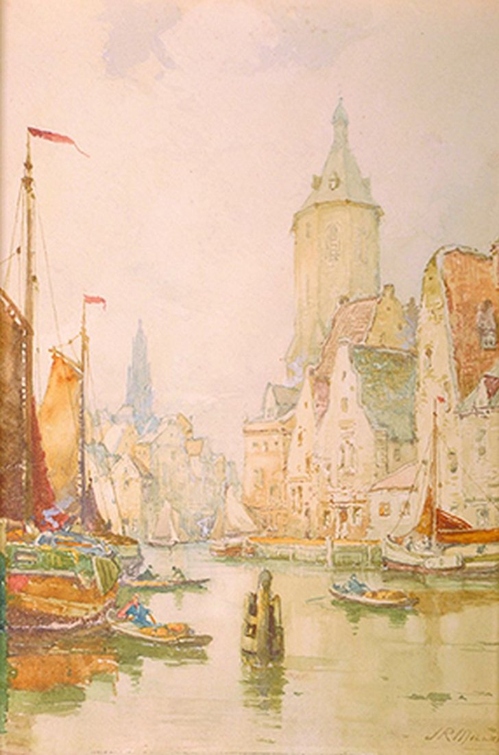 J… R… Miller (19th – 20th Century) British. ‘Antwerp’,: J… R… Miller (19th – 20th Century) British. ‘Antwerp’, a Canal Scene, Watercolour, Signed, 10” x 7”, and a companion piece, a pair (2).