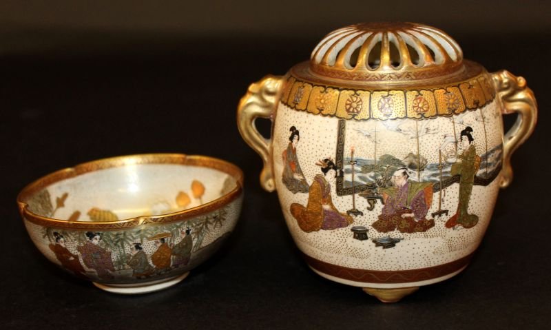 A JAPANESE SATSUMA EARTHENWARE KORO & COVER, circa: A JAPANESE SATSUMA EARTHENWARE KORO & COVER, circa 1900, the sides painted with figural panels, 4.25in high overall; together with a small Satsuma earthenware bowl, the interior unusually painted with