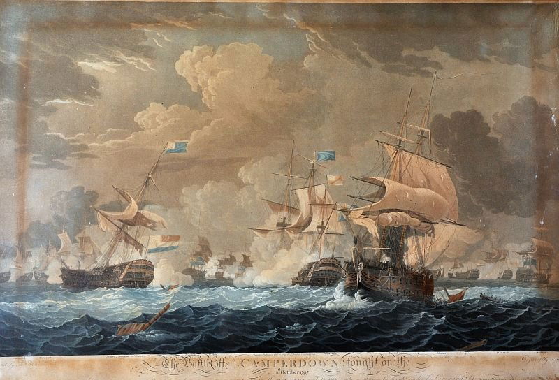 After Thomas Whitcombe (1752/651824) British. ‘The: After Thomas Whitcombe (1752/651824) British. ‘The Battle of Camperdown, fought on the 11th October 1797’, Engraved by T… Hillyer, 19.5” x 28.5”, together with an Engraving of Admiral Sir Ri