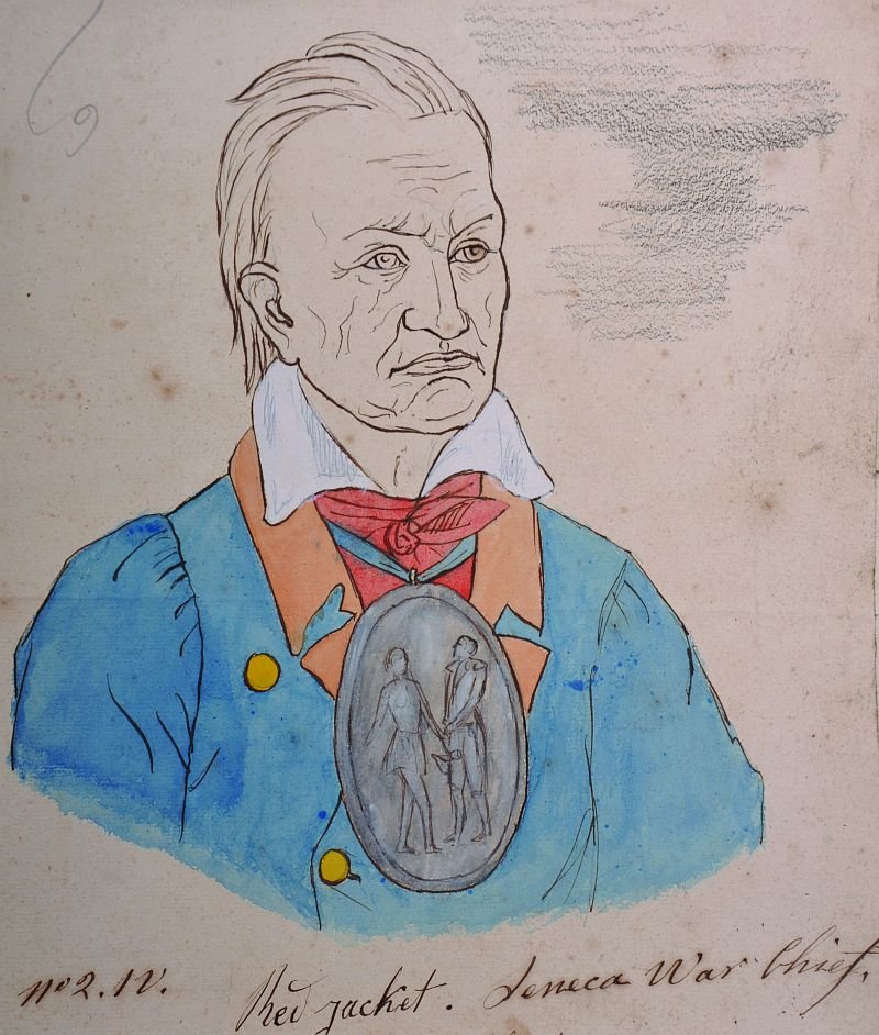 18th Century American School. â€œNew Jacketâ€,: 18th Century American School. â€œNew Jacketâ€, â€˜Leneca War Chiefâ€™, Bust Portrait of a Man wearing a Blue Coat, with a Large Medallion displaying two figures, Watercolour and Ink, S