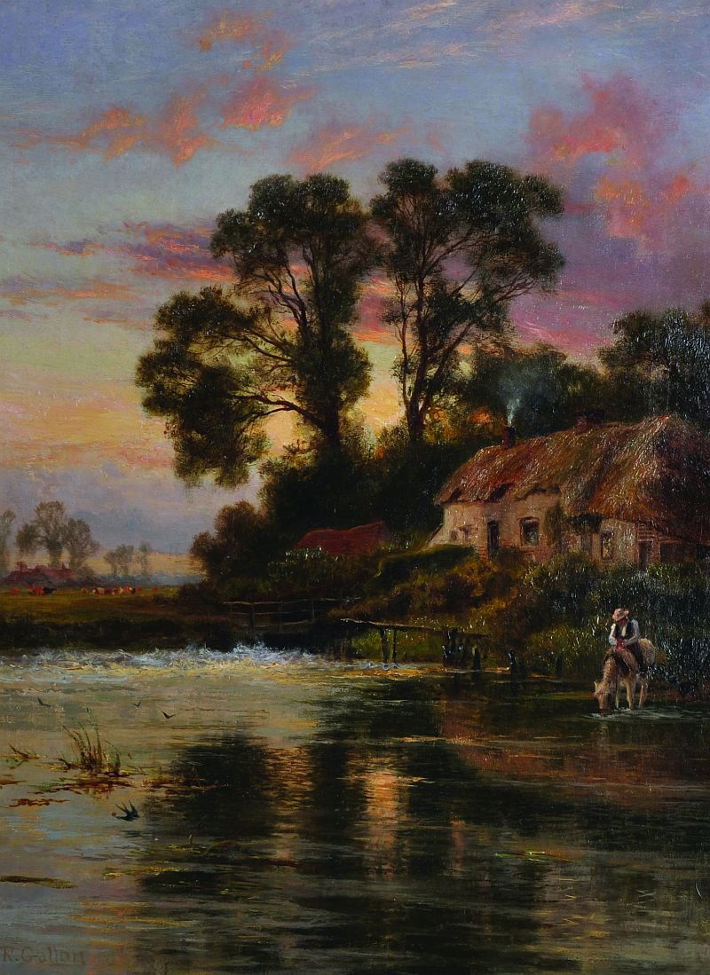Robert Gallon (1845-1925) British. A River Landscape: Robert Gallon (1845-1925) British. A River Landscape with a Cottage, and a Man and Dog Watering his Horse, Oil on Canvas, Signed, 17â€ x 13â€.