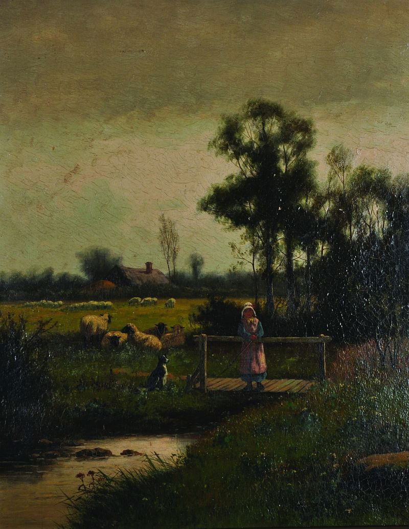 William Frederick Hulk (1852-c.1906) British. A River: William Frederick Hulk (1852-c.1906) British. A River Landscape with A Girl Standing on a Bridge, and a Dog beyond, Oil on Canvas, Signed, 20â€ x 16â€, and the companion piece, Cows in a Landsca