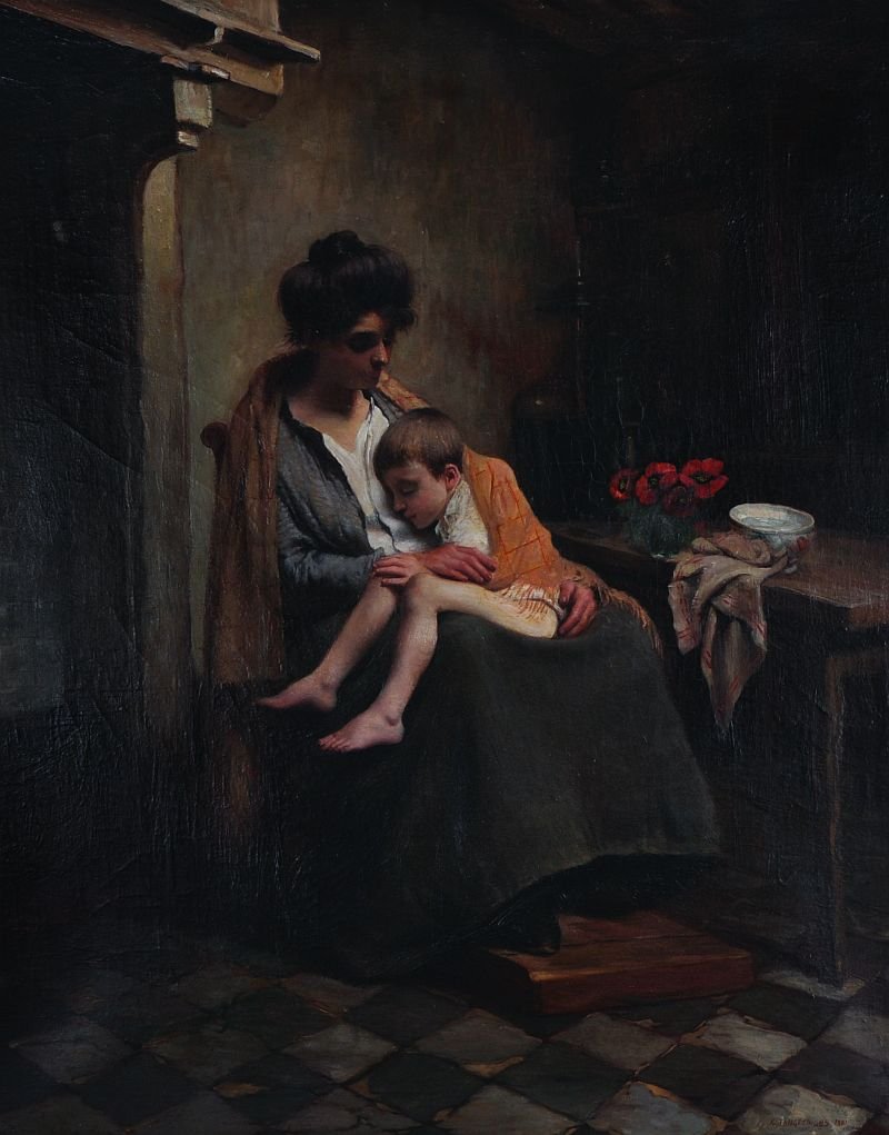 Karel Jongelinghs (1871- ) European. A Cottage: Karel Jongelinghs (1871- ) European. A Cottage Interior, with a Mother and Child, Oil on Canvas, Signed and Dated 1901, 32â€ x 26â€.