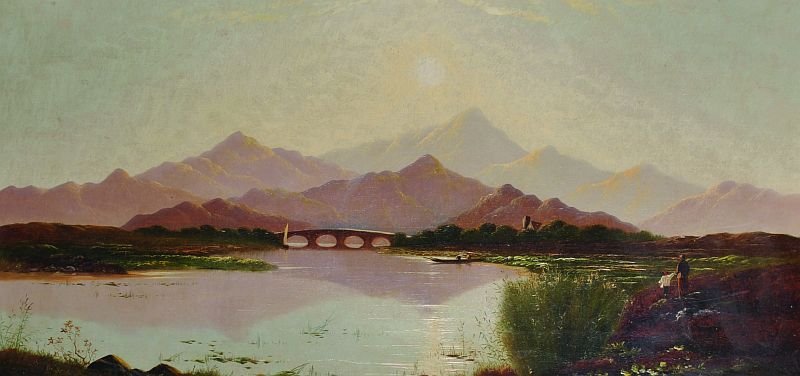 Charles Leslie (1835-1890) British. A Highland River: Charles Leslie (1835-1890) British. A Highland River Landscape, with Figures in the foreground, Oil on Canvas, 12â€ x 24â€.