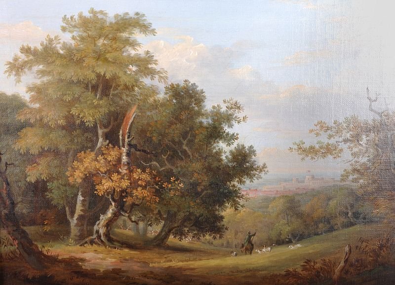 Davis (19th Century) British. An Extensive Landscape,: Davis (19th Century) British. An Extensive Landscape, with a figure on Horseback surrounded by dogs, and Windsor Castle in the distance, Oil on Canvas, Indistinctly Signed, 13â€ x 17.25â€.