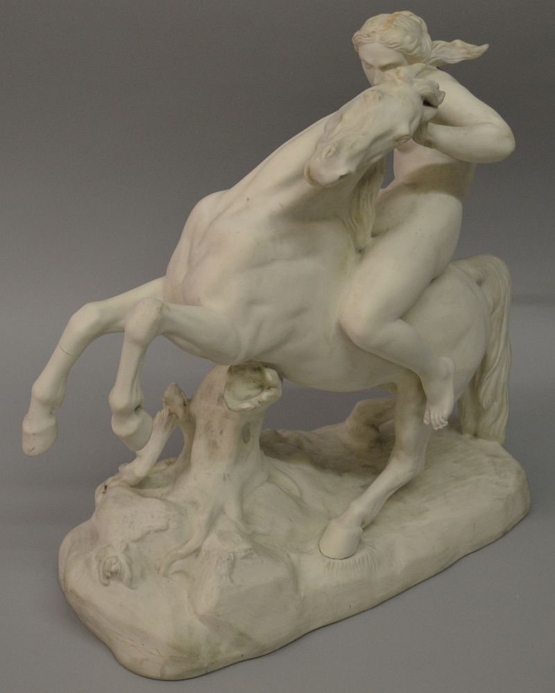 A GOOD MINTON PARIAN CLASSICAL GROUP, A YOUNG LADY on a: A GOOD MINTON PARIAN CLASSICAL GROUP, A YOUNG LADY on a horse and carrying a sword. Impressed MINTON 246. 15ins high. £100-150.