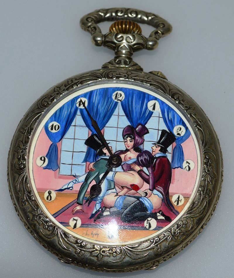 A LARGE DOXA EROTIC POCKET WATCH with painted dial.: A LARGE DOXA EROTIC POCKET WATCH with painted dial. 2.75ins diameter.