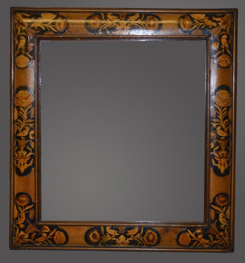 A WILLIAM & MARY ENGLISH MARQUETRY CUSHION FRAMED: A WILLIAM & MARY ENGLISH MARQUETRY CUSHION FRAMED MIRROR, 2ft 2ins x 2ft 1ins.