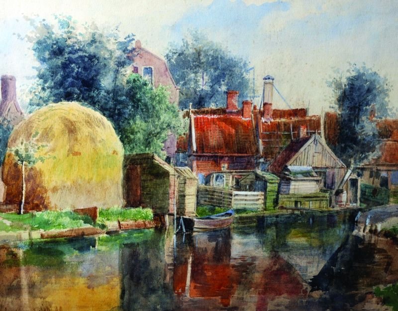 20th Century Dutch School. ‘Volendam’, a River Scene: 20th Century Dutch School. ‘Volendam’, a River Scene with Houses, Watercolour, Indistinctly Signed and Inscribed and Dated ’90, 12” x 16”.