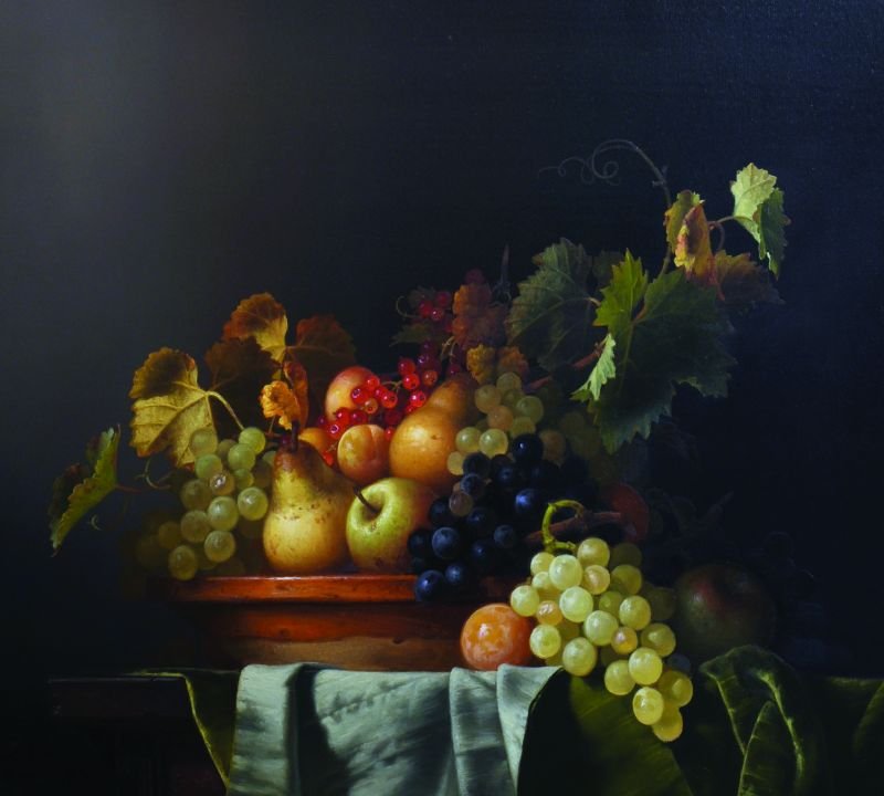 Jean Grimal (1942-1998) British. Grapes, Pears and: Jean Grimal (1942-1998) British. Grapes, Pears and Redcurrants on a Green Velvet Cloth, Oil on Canvas, Signed, 18.25” x 21.75”. Provenance; E. Stacy Marks Ltd 1987