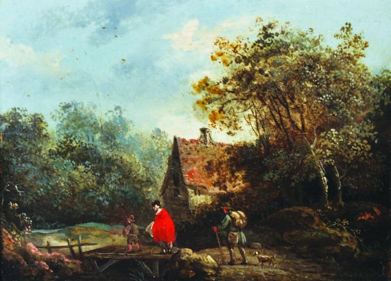 Attributed to George Smith of Chichester (1714-1776): Attributed to George Smith of Chichester (1714-1776) British. “On the way home to Applebower”, Oil on Panel, 4” x 5”, and another by the same hand, a Landscape with Figures in the foreground,