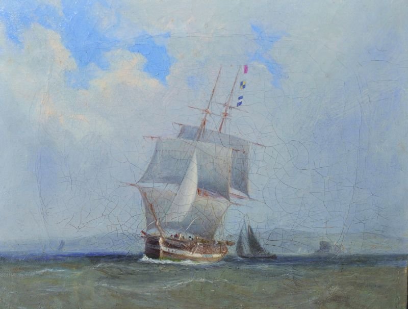 Attributed to John Ward of Hull (1798-1849) British.: Attributed to John Ward of Hull (1798-1849) British. ‘The Undaunted’, off Hurst Castle, Isle of Wight, Oil on Canvas, Inscribed on the reverse, 7” x 9”.