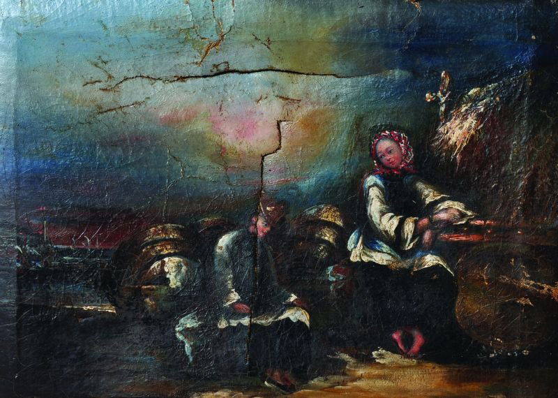 Circle of George Chinnery (1774-1852) British. A: Circle of George Chinnery (1774-1852) British. A Coastal Landscape, with Two Figures in the foreground, Oil on Canvas, 8.5” x 11”.