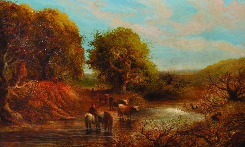 John Linnell (1792-1882) British. Cattle Watering in a: John Linnell (1792-1882) British. Cattle Watering in a Stream, a Girl picking Berries in the foreground, Oil on Board, Signed, 10.5” x 17”, and the companion piece, a pair (2).