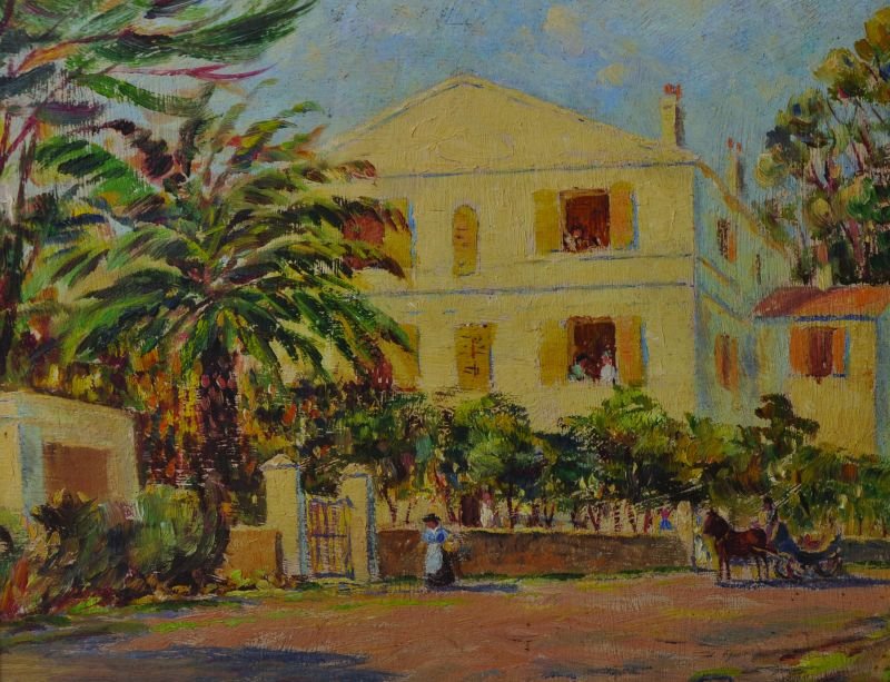 Attributed to Maurice Levis (1860-1940) French. A: Attributed to Maurice Levis (1860-1940) French. A Street Scene with a Carriage, a House beyond with Palm Trees, Oil on Board, 8” x 10.25”.