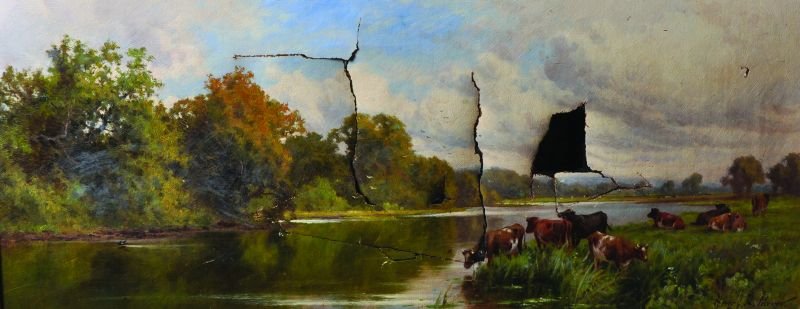 Henry Deacon Hillier Parker (1858-1930) British. A: Henry Deacon Hillier Parker (1858-1930) British. A River Landscape, with Cattle Watering, Oil on Canvas, Signed, and Signed on the reverse, 10” x 24”.