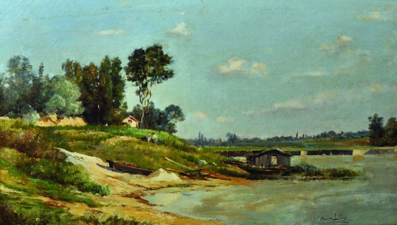 Maurice Levis (1860-1940) French. A Tranquil River: Maurice Levis (1860-1940) French. A Tranquil River Landscape, with Boats on the Bank, Oil on Canvas, Signed, 13” x 21.5”.