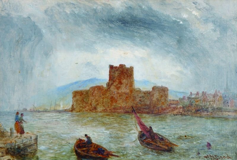 William Joseph Julius Caesar Bond (1833-1926) British.: William Joseph Julius Caesar Bond (1833-1926) British. ‘Carrickfergus Castle’, Northern Ireland, Oil on Panel, Signed, and Inscribed on the reverse, 5.5” x 8.25”.