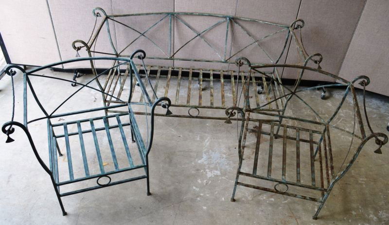 A PAIR OF WROUGHT IRON SCROLL END SETTEES with a pair: A PAIR OF WROUGHT IRON SCROLL END SETTEES with a pair of matching armchairs. Settee 6ft 0ins wide, Armchair 3ft 0ins wide.