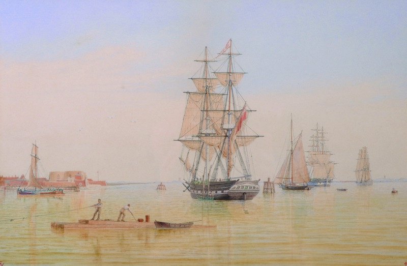William Frederick Settle (1812-1897) British. ‘British: William Frederick Settle (1812-1897) British. ‘British Merchantman with other Vessels in Hull Harbour’, Watercolour, Signed with Initials, and Dated ’85, 8.75” x 13”.