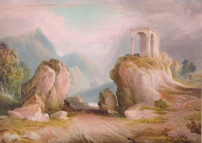 Hugh William Grecian Williams (1773-1829) British. A: Hugh William Grecian Williams (1773-1829) British. A Rocky Mountainous Landscape, with a Folly in the foreground, Watercolour, 14.5” x 20”.