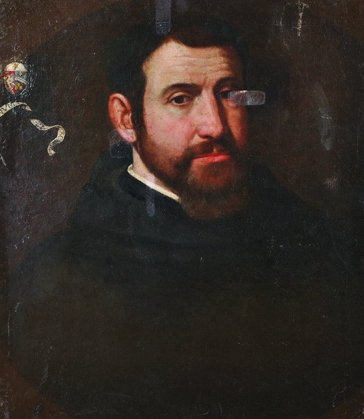 17th Century Roman School. Portrait of a Man, dressed: 17th Century Roman School. Portrait of a Man, dressed in black with a white collar, Oil on Canvas, 24” x 19”.