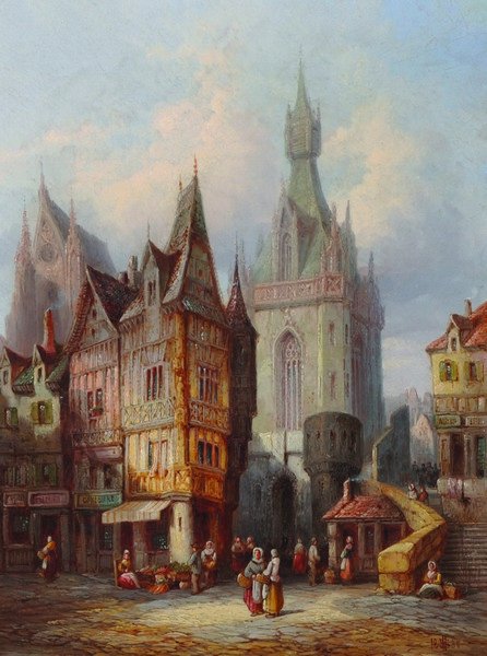 Henry Thomas Schaefer (act.1873-1915) British. “Fecamp,: Henry Thomas Schaefer (act.1873-1915) British. “Fecamp, Normandy”, a Busy Street Scene with a Church Beyond, Oil on Canvas, Signed with Monogram and Dated 1888, Inscribed on the reverse, 16” x 1