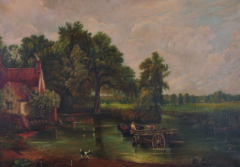 E… Piednue (19th – 20th Century) British. ‘The Hay: E… Piednue (19th – 20th Century) British. ‘The Hay Wain’, after John Constable, Oil on Canvas, Signed and Dated 1918, 20” x 28”.