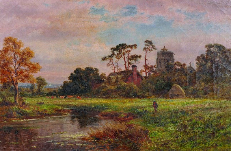 Robert Gallon (1845-1925) British. ‘A Berkshire: Robert Gallon (1845-1925) British. ‘A Berkshire Stream’, Oil on Canvas, Signed, and Inscribed with Title on the reverse, 12” x 18”.